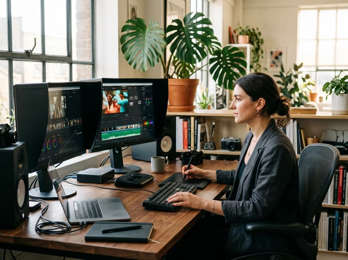 Creative video editor working on dual color-grading displays in modern studio